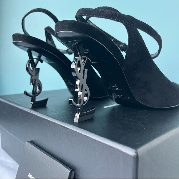 NEW | SAINT LAURENT Opyum Suede Pointed Toe Black Sling Back Heels sz. 37.5 - Picture 9 of 10